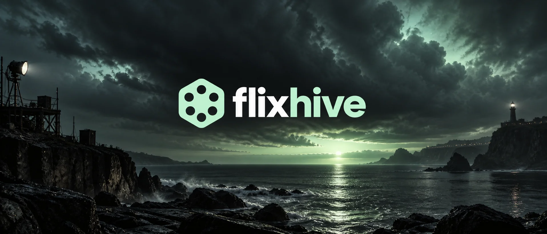 FlixHive in white and mint with a hexagonal film reel above a storm-lit coastal night
